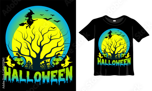 Halloween T-Shirt Design Template. Halloween T-Shirt with Night, Moon, Witch. Night background T-Shirt for print.