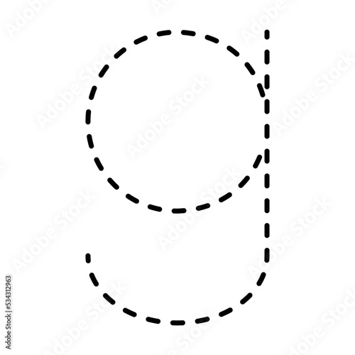 Tracing Alphabet lowercase small letter g prewriting dotted line element for kindergarten, preschool and Montessori school kids worksheet for handwriting practice activity.