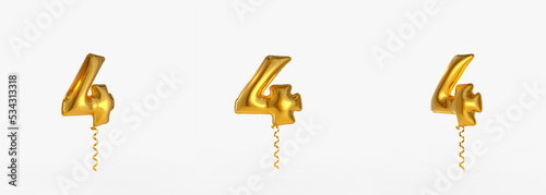 Golden balloons with the number four. Template with foil balloons in three angles. Congratulatory design. 3d rendering.