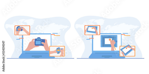 online course photograph and digital illustration, flat vector set
