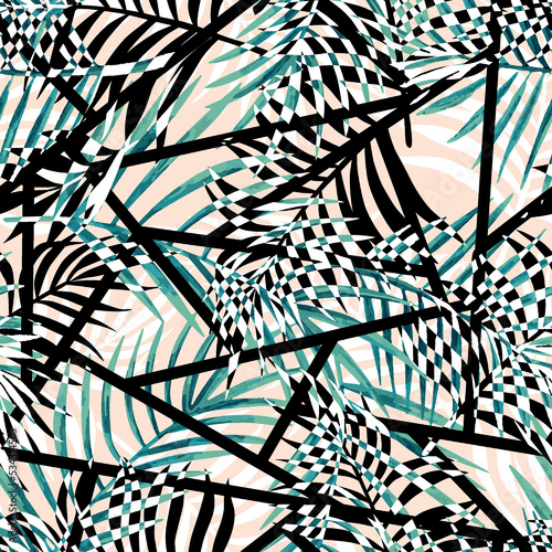 Abstract tropical flowers leaves seamless print repeat pattern background photo