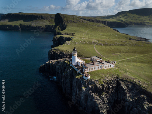Aerial view of Neist Point Lighthouse on the Isle of Skye in Scotland photo