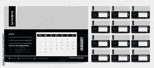 2023 calendar Week starts on Sunday Black Minimalist desk calendar 12 pages vector design template 