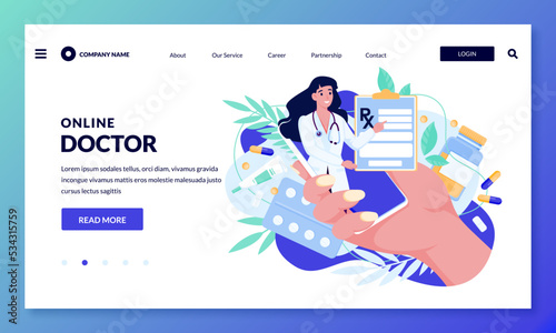 Online medical support, tele medicine concept. Hand with smartphone and female therapist. Vector flat illustration