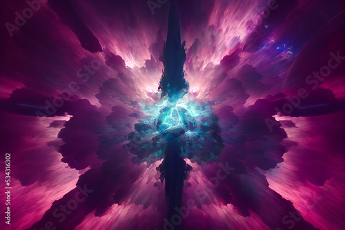 futuristic starship, scifi scenario, breach, explosion in a nebula, digital illustration, created with generative ai photo