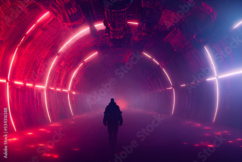 single human walking through the interior of an alien space station, digital illustration, created with generative ai