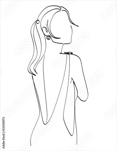 Silhouette of a young elegant woman wearing evening dress. Hand drawn modern fashion illustration of abstract girl, quick sketch, vector illustration