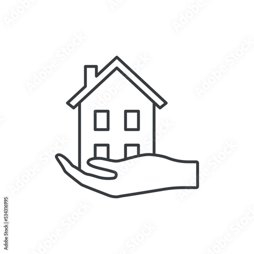 Icon of a hand that holds a two-story house. A simple linear symbol of taking care of the house. Vector over white background.