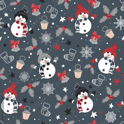 Cute Christmas pattern with snowmen, Christmas bells and snowflakes. Seamless pattern.