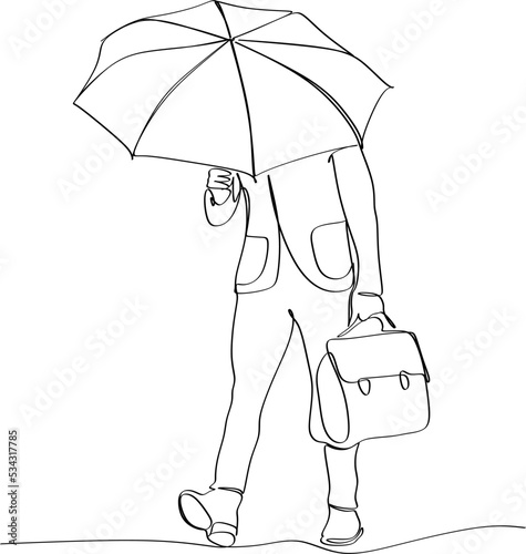 One continuous line art. A man holds an open umbrella above himself, he looks up from under him. Silhouette of a modern attractive man in a coat. It can be used for animation. Vector