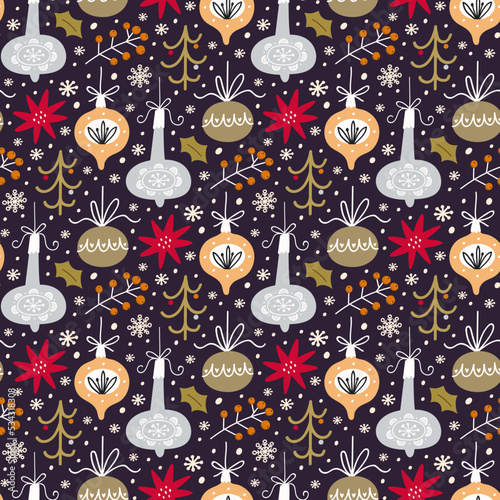 Festive background with Christmas balls, fir trees and poinsettia flowers. Vector seamless pattern.