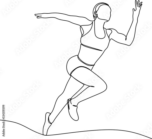 One continuous line drawing of young female athlete runner focus sprint run. Individual sport, competitive concept. Dynamic single line hand drawn vector illustration for running poster