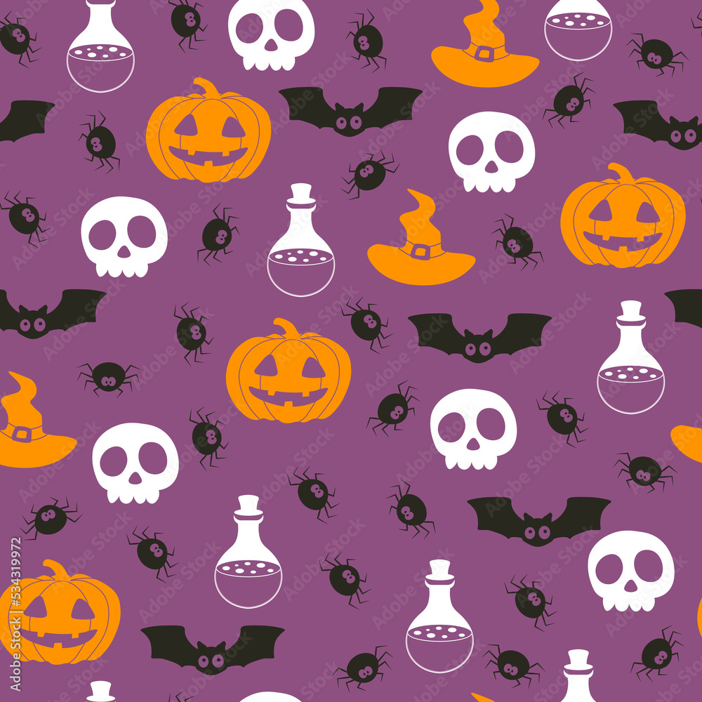 Vector Halloween pattern with bat,skull,Halloween pumpkin,spider,potion flask.Use for event invitation,discount voucher,advertising,greeting card,logo,packaging,textile,web.