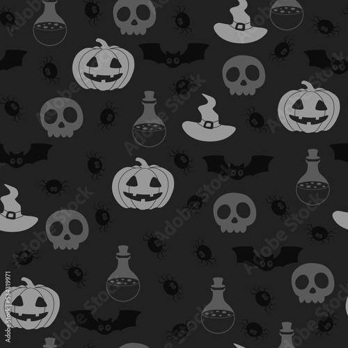 Vector Halloween pattern with bat,skull,Halloween pumpkin,spider,potion flask.Use for event invitation,discount voucher,advertising,greeting card,logo,packaging,textile,web.