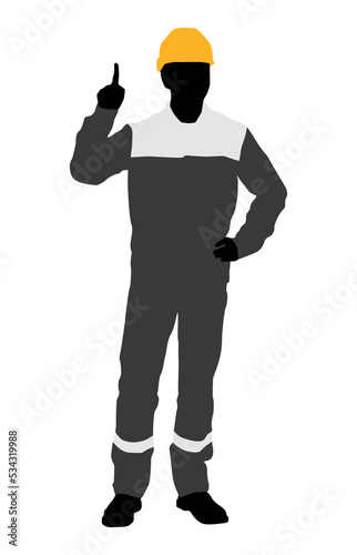 Silhouette of worker with a helmet. A worker shows one finger. Vector flat style illustration isolated on white. Full length view