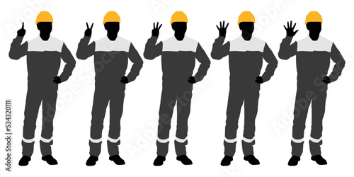 Silhouettes set of workers with helmets. Vector flat style illustration isolated on white
