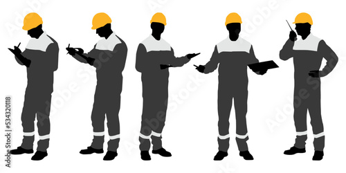 Silhouettes set of workers with helmets. Vector flat style illustration isolated on white