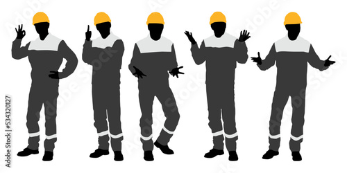 Silhouettes set of workers with helmets. Vector flat style illustration isolated on white
