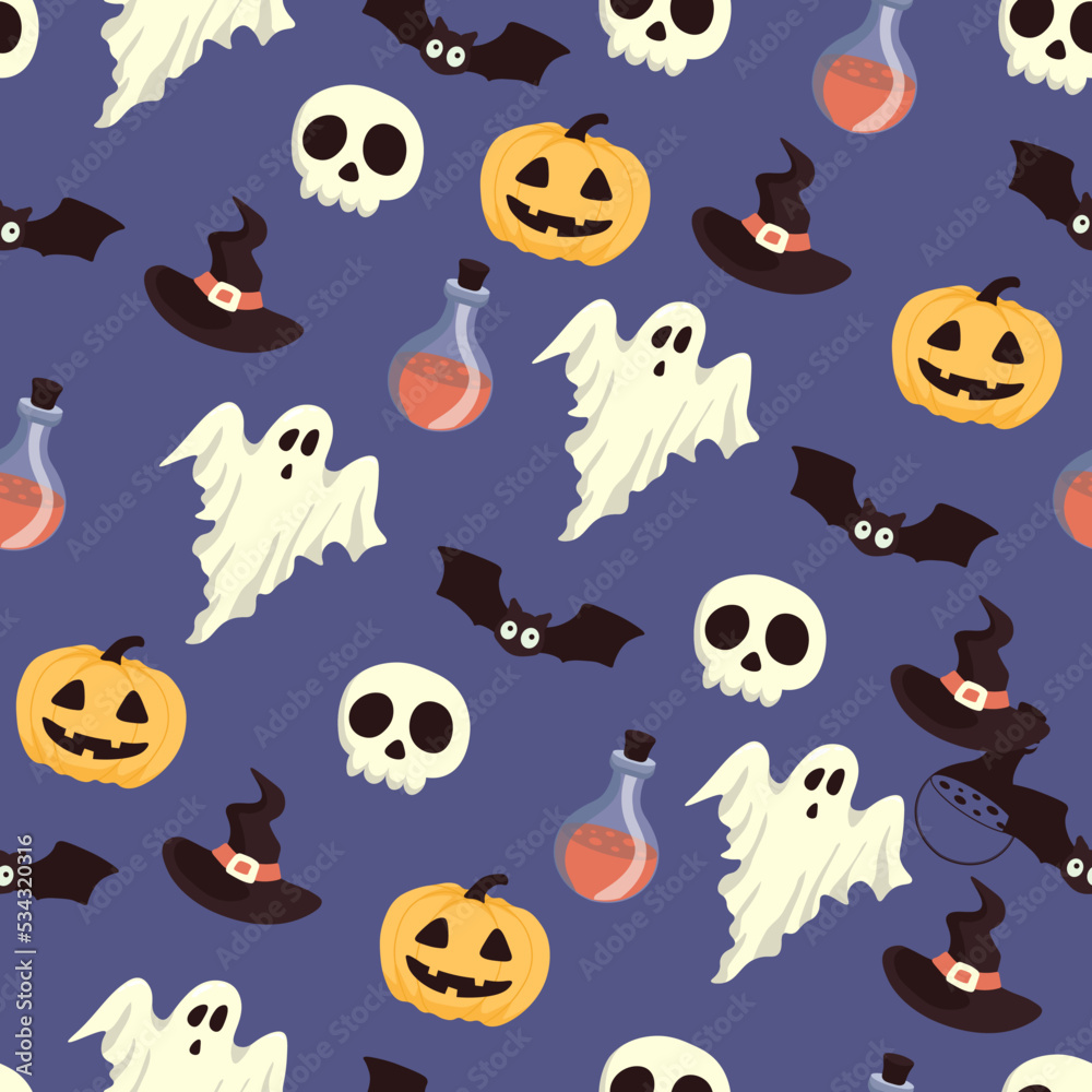 Vector Halloween pattern with ghost,bat,skull,Halloween pumpkin,witch hat,potion flask.Use for event invitation,discount voucher,advertising,greeting card,logo,packaging,textile,web