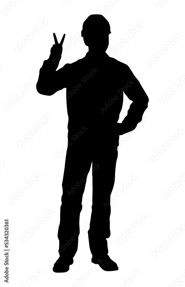 Silhouette of worker with a helmet. A worker shows two fingers. Vector flat style illustration isolated on white. Full length view Silhouette of worker with a helmet. A worker shows two fingers. Vector flat style illustration isolated on white. Full length view