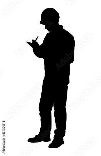 Silhouette of worker with a helmet. A worker holding a sign. Vector flat style illustration isolated on white 