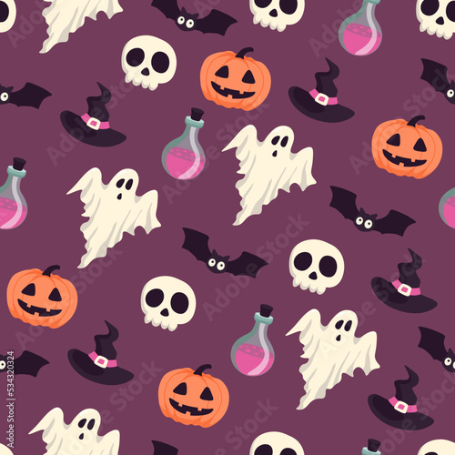 Vector Halloween pattern with ghost,bat,skull,Halloween pumpkin,witch hat,potion flask.Use for event invitation,discount voucher,advertising,greeting card,logo,packaging,textile,web