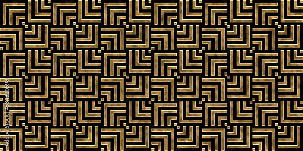 Seamless golden Art Deco overlapping woven striped squares pattern. Vintage abstract geometric gold plated relief sculpture on dark black background. Elegant gilded luxury backdrop. 3D rendering. Seamless golden Art Deco overlapping woven striped squares pattern. Vintage abstract geometric gold plated relief sculpture on dark black background. Elegant gilded luxury backdrop. 3D rendering.