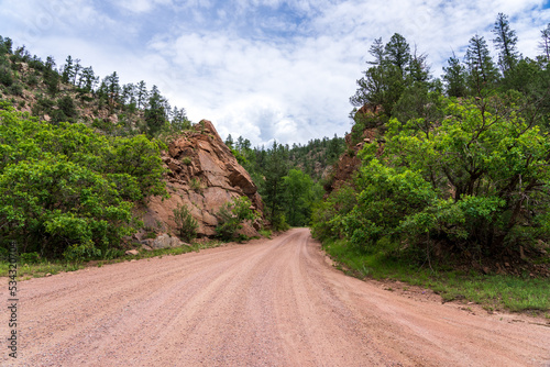 View on Phantom Canyon Road, an unpaved historic and scenic drive that follows the route of the Florence and Cripple Creek Railroad built in 1894.