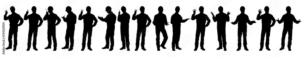 Silhouettes set of workers with helmets. Vector flat style illustration isolated on white