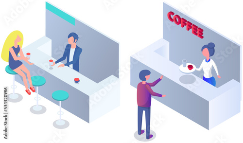 Cozy and relaxing coffee shop with people sit at tables. Customers inside modern cafe. Men and women resting in cafeteria. Friends meeting in coffeehouse. Colleague lunch break. Family in restaurant