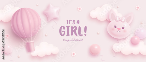 Baby shower horizontal banner with cartoon rabbit, hot air balloon, helium balloons and flowers on pink background. It's a girl. Vector illustration