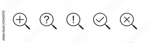Search find icon set. Discovery concept. Zoom symbol. Plus, question,  check signs.