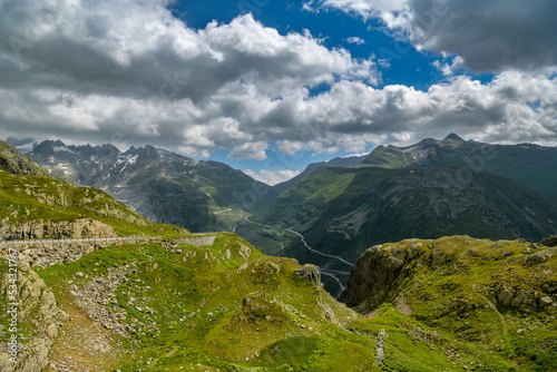 View on Furkpass high mountain alpine route in Switzerland