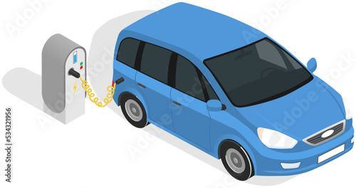 Modern electric smart car charging, automobile parking at charger station with plug in cable. Electrified future transportation e-motion. Environmentally friendly transport using renewable energy