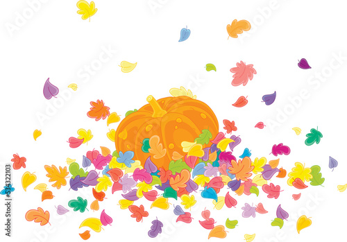 Large ripe orange pumpkin lying in a pile of fallen and swirling colorful autumn leaves in a vegetable garden, vector cartoon illustration isolated on white