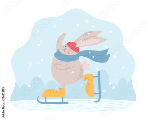 Cute bunny in hat and scarf ice skating. Holiday Christmas illustration. Year of the Rabbit. Vector illustration