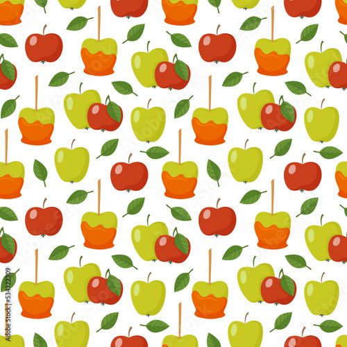 Seamless pattern with apples. Harvest season background for wrapping paper, fabric, textile, scrapbook. Cartoon style design.