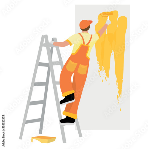 Male worker painting wall on white background