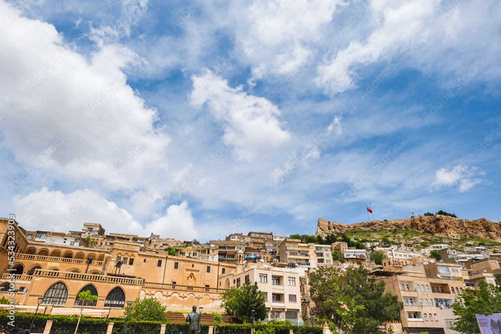 Mardin old town view with Mardin castle at the top,  cityscape of Mardin in Turkey