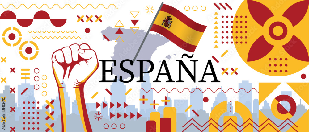 Spain flag and map poster. National day or spain independence day design. spanish celebration. Modern retro design with abstract icons - Independence from Spain - obrazy, fototapety, plakaty 