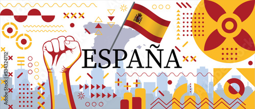 Spain flag and map poster. National day or spain independence day design. spanish celebration. Modern retro design with abstract icons - Independence from Spain photo