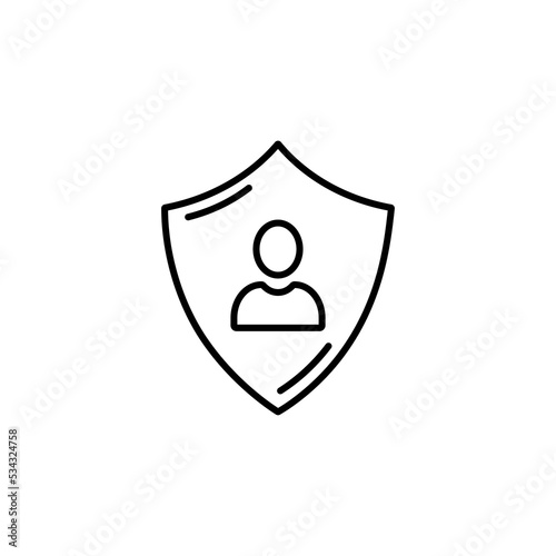 Privacy icon, flat shield with person silhouette symbol, personal protection sign, authentication security icon, secure confidentiality label. eps 10