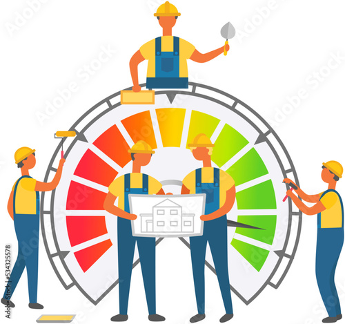 Builders on construction site. Building work process, workers watching house project confer on implementation. Bricklayer, painter and locksmith in meeting discussing building plan with architect