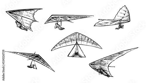 Hang glider flying. Set of objects. Hand drawn outline sketch. Isolated on white background. Vector.