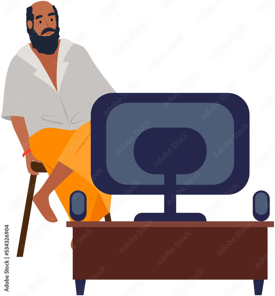 Indian male character watches TV while sitting in chair. View his favorite television show or movie. Vector cartoon style adult bearded man dressed in traditional clothes front of television set Indian male character watches TV while sitting in chair. View his favorite television show or movie. Vector cartoon style adult bearded man dressed in traditional clothes front of television set