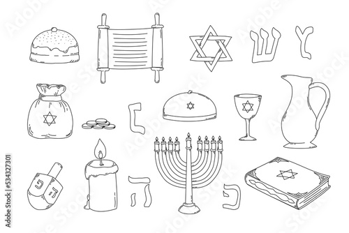 Hanukkah traditional jewish holiday doodle symbols set isolated background