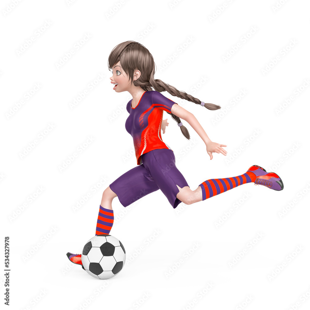soccer girl is happy and also playing football in white background side view