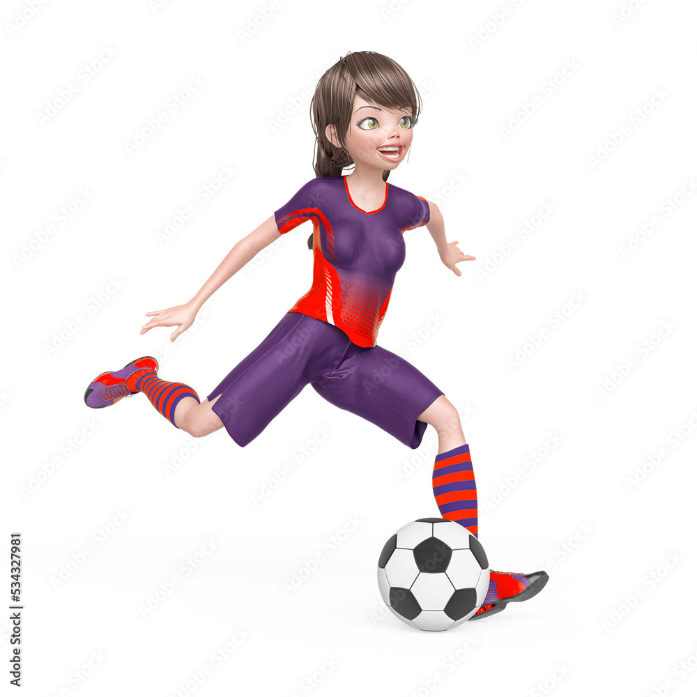 soccer girl is happy and also playing football in white background