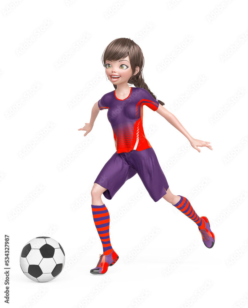 soccer girl is happy and also running with the ball in white background