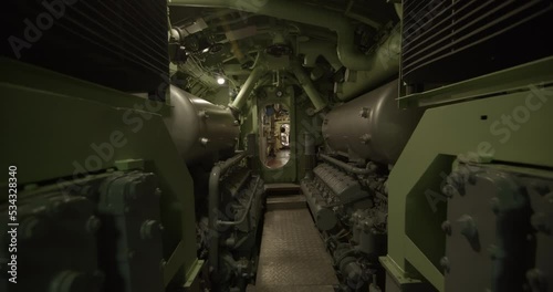 Inside of a submarine with the engine and pressure gauge, Interior tour of combat submarine